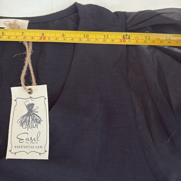 Easel black v-neck sheer shiny 3/4 sleeve mixed media rounded hem blouse shirt - Picture 15 of 16